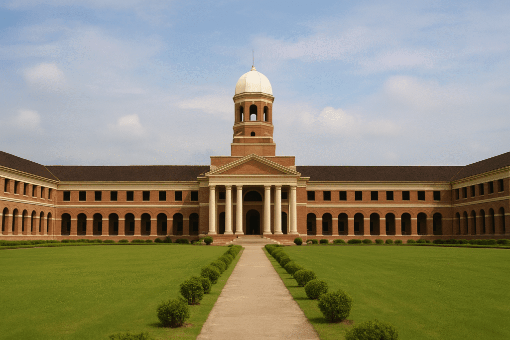 A majestic view of the Forest Research Institute in Dehradun, featuring its iconic colonial-style red-brick architecture, wide green lawns, arched corridors, and a clear sky in the background.